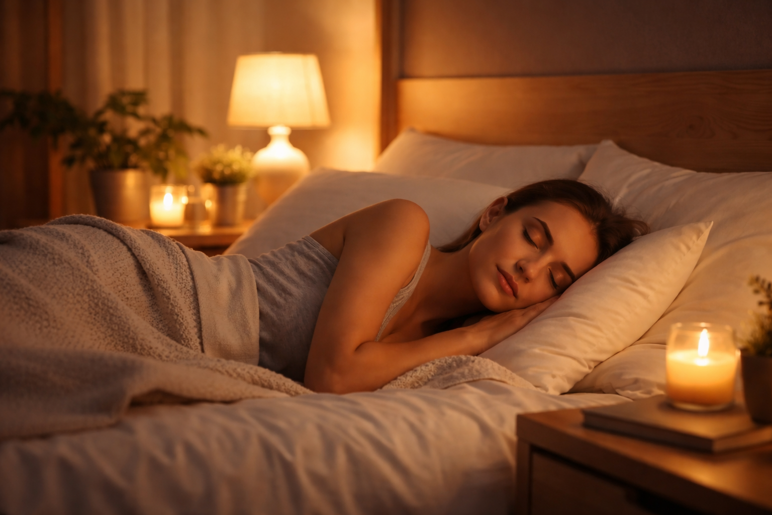 Calm bedroom with warm lighting and peaceful sleep environment